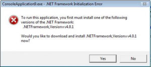 Windows 7中缺少.NET版本的错误对话框